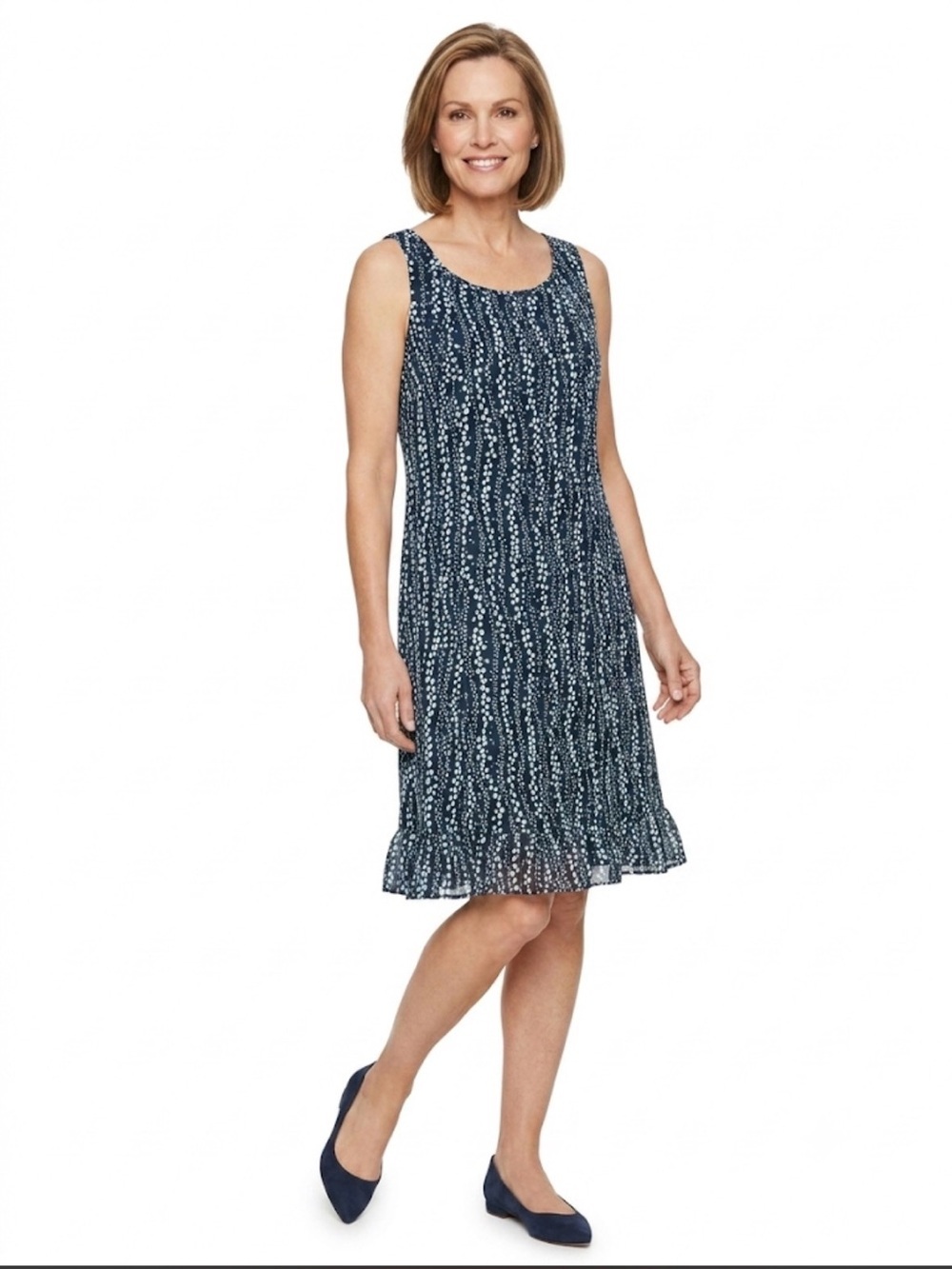 Studio 1 Women’s Sleeveless Dress Dark Blue Abstract Dot Print Ruffle Hem